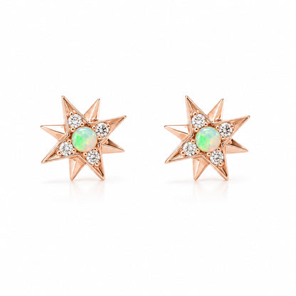 14K Gold Opal & Pavé Diamond Starburst Stud Earrings