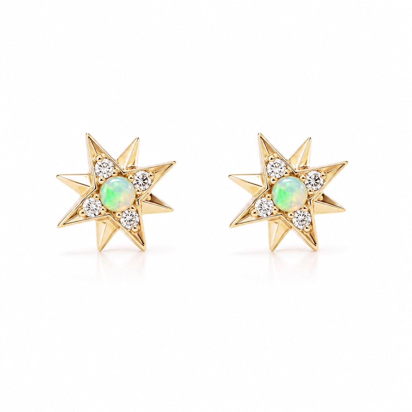 14K Gold Opal & Pavé Diamond Starburst Stud Earrings