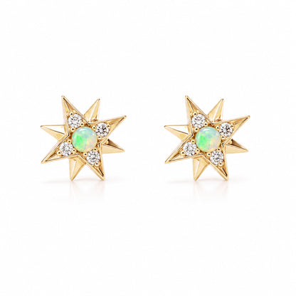 14K Gold Opal & Pavé Diamond Starburst Stud Earrings