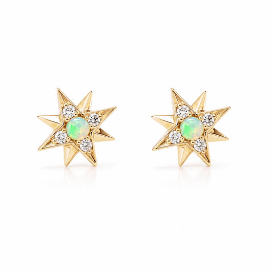 14K Gold Opal & Pavé Diamond Starburst Stud Earrings