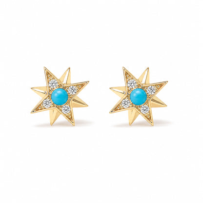 14K Gold Turquoise & Pavé Diamond Starburst Stud Earrings