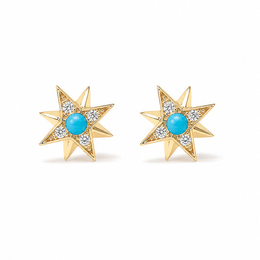 14K Gold Turquoise & Pavé Diamond Starburst Stud Earrings