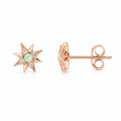 14K Gold Opal & Pavé Diamond Starburst Stud Earrings