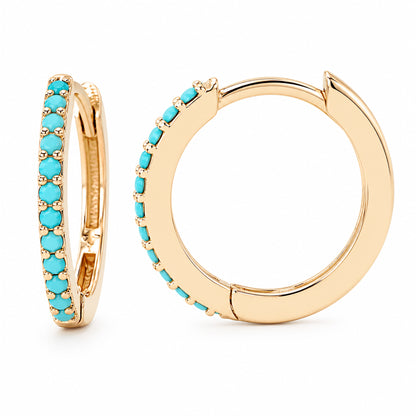 14K Gold Pavé Turquoise XL Size (15mm) Huggie Hoop Earrings
