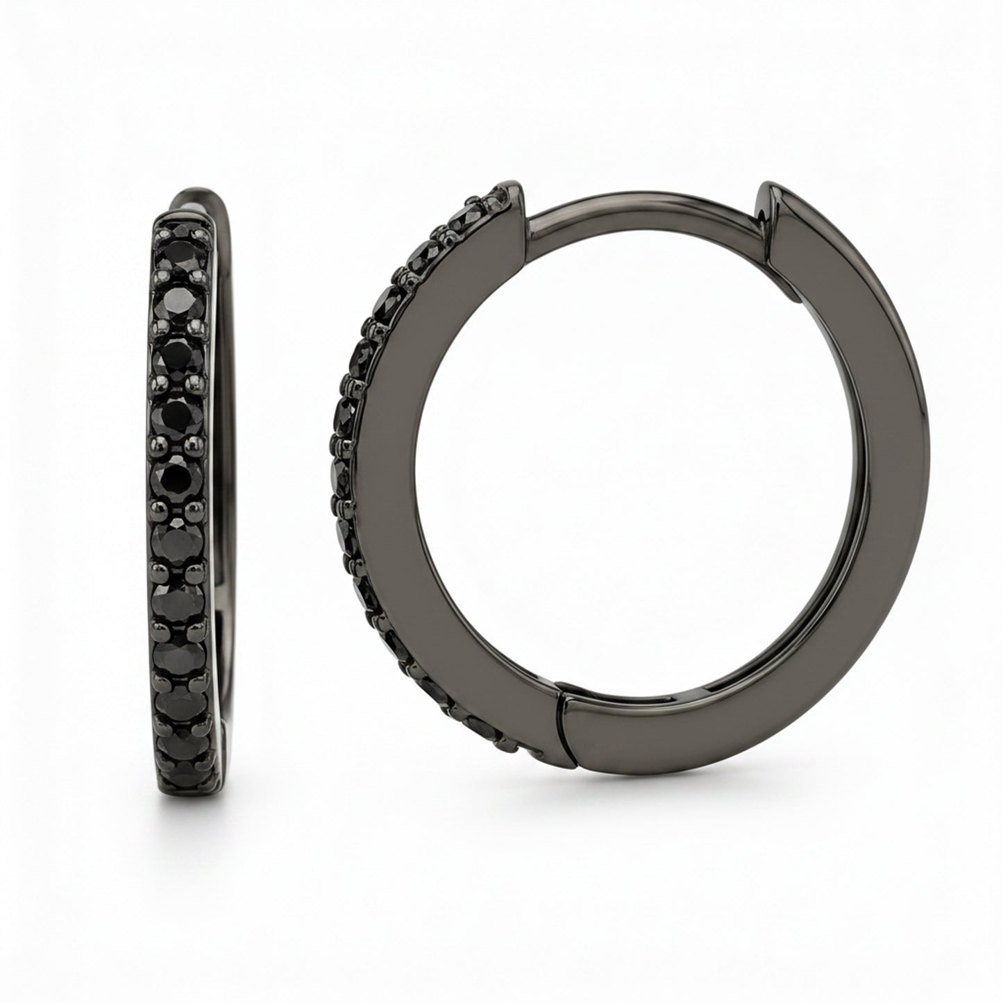 14K Gold Pavé Black Diamond XL Size (15mm) Huggie Hoop Earrings