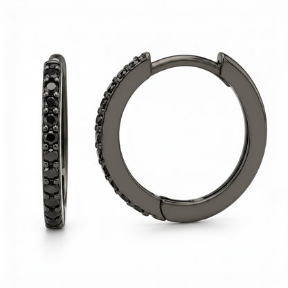 14K Gold Pavé Black Diamond XL Size (15mm) Huggie Hoop Earrings