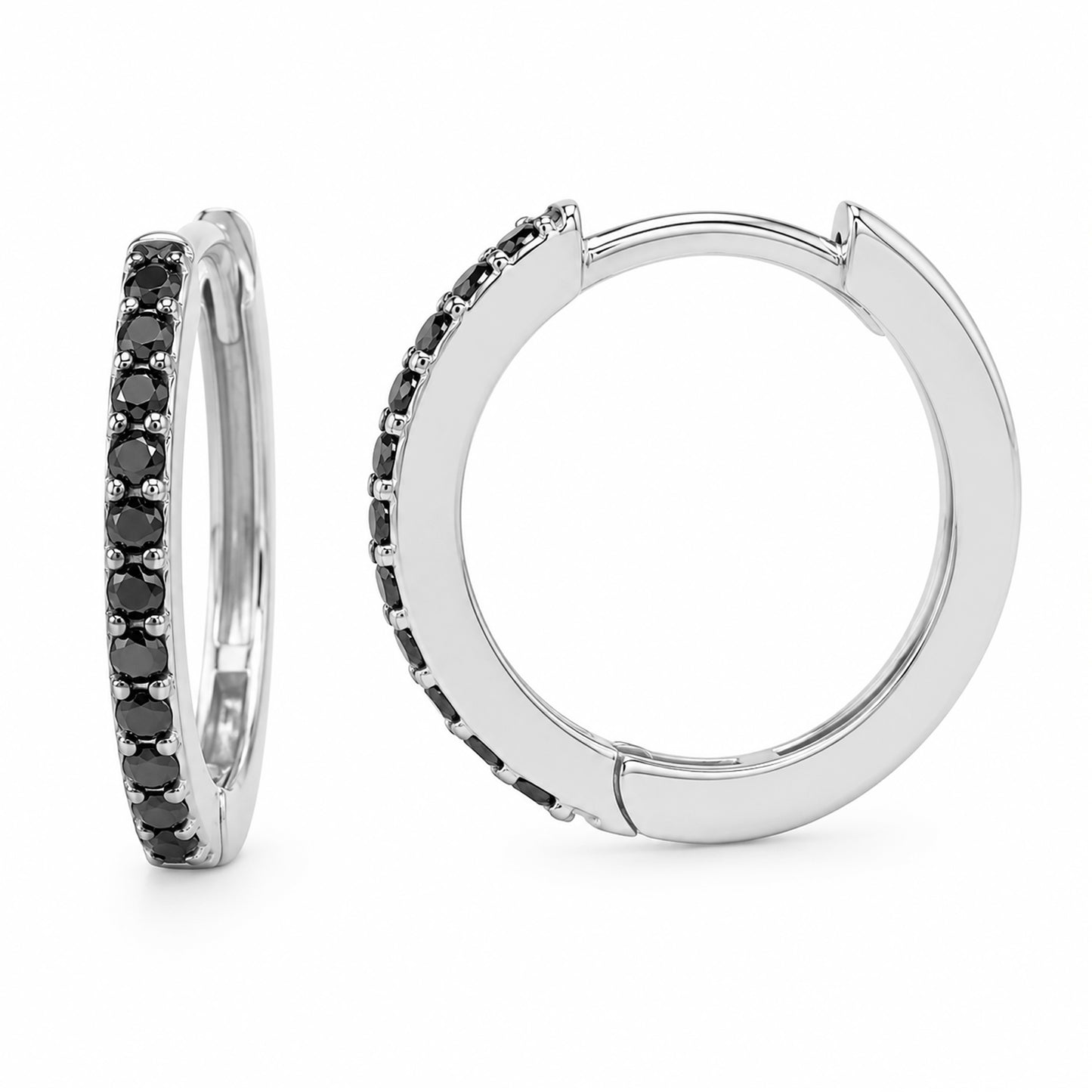 14K Gold Pavé Black Diamond XL Size (15mm) Huggie Hoop Earrings