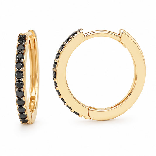 14K Gold Pavé Black Diamond XL Size (15mm) Huggie Hoop Earrings
