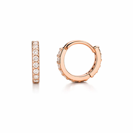 14K Gold Full Pavé Diamond XS Size (8mm) Huggie Hoop Earrings