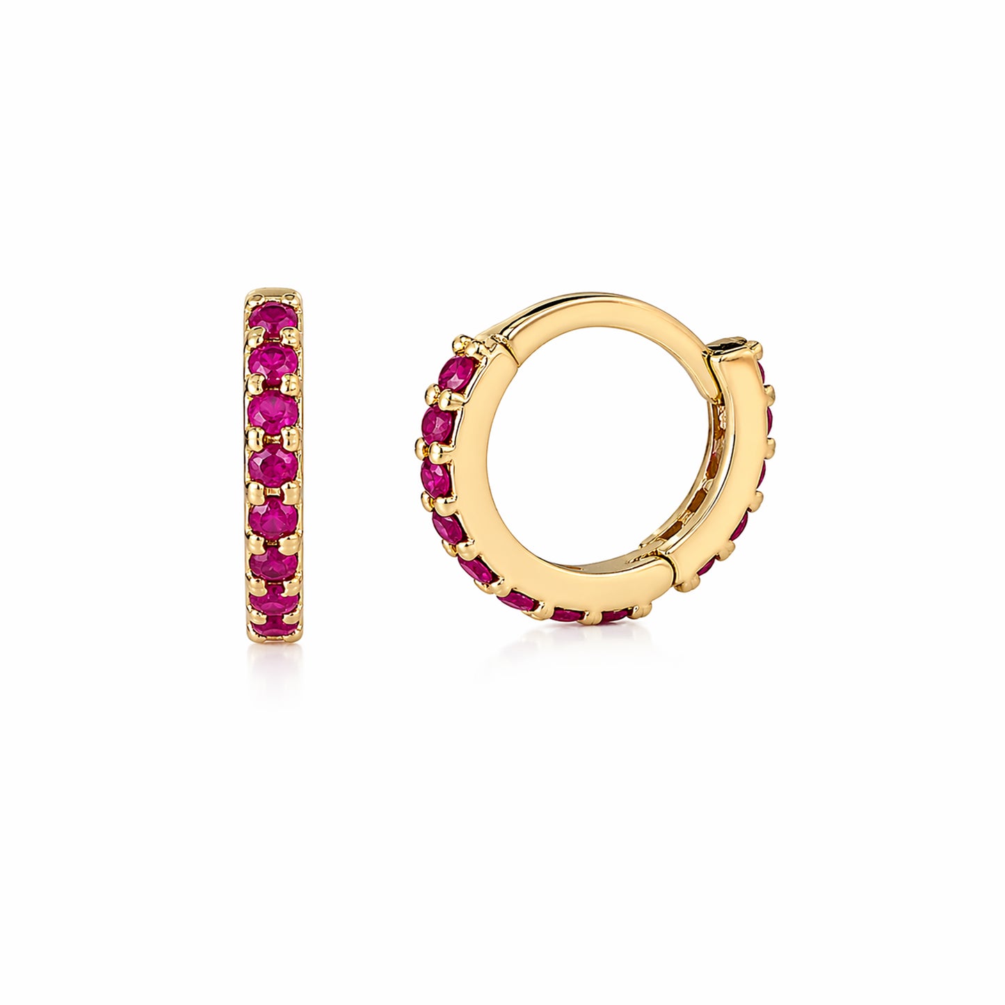 14K Gold Full Pavé Ruby XS Size (8mm) Huggie Hoop Earrings