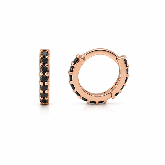 14K Gold Full Pavé Black Diamond XS Size (8mm) Huggie Hoop Earrings