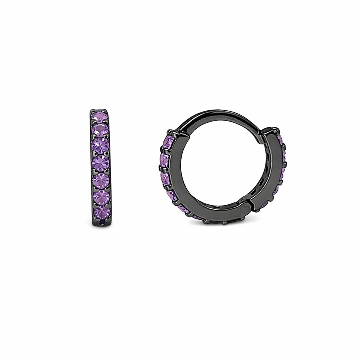 14K Gold Full Pavé Purple Sapphire XS Size (8mm) Huggie Hoop Earrings