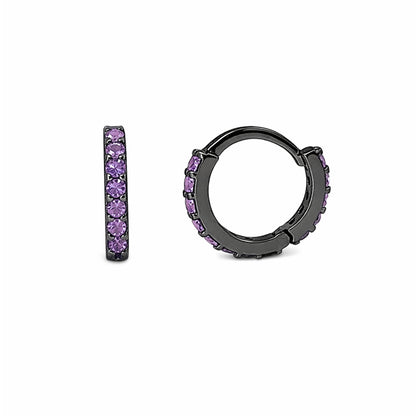 14K Gold Full Pavé Purple Sapphire XS Size (8mm) Huggie Hoop Earrings
