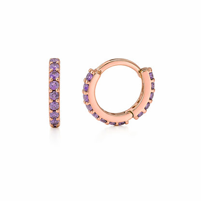 14K Gold Full Pavé Purple Sapphire XS Size (8mm) Huggie Hoop Earrings