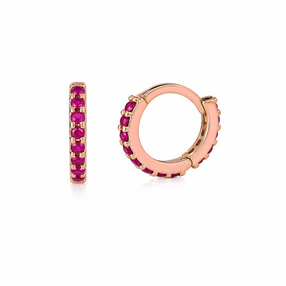 14K Gold Full Pavé Ruby XS Size (8mm) Huggie Hoop Earrings