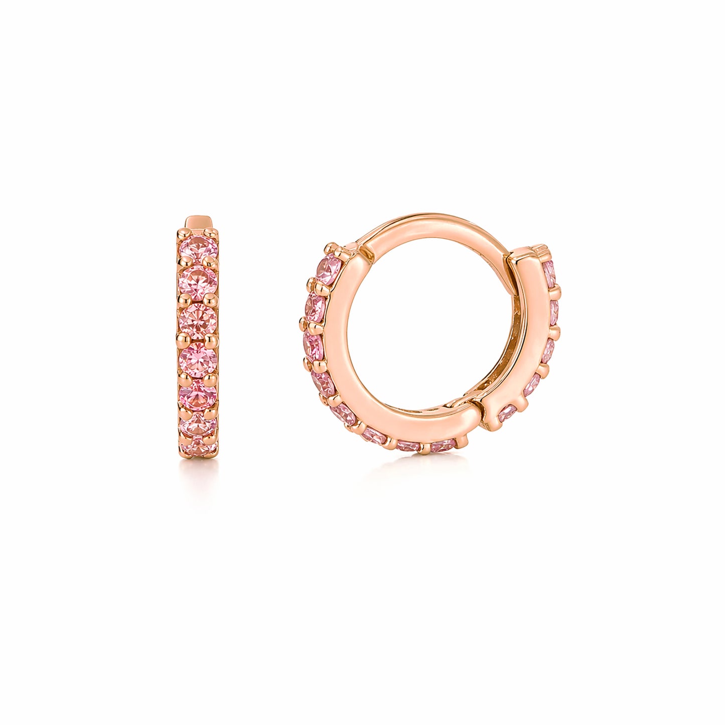 14K Gold Full Pavé Pink Sapphire XS Size (8mm) Huggie Hoop Earrings