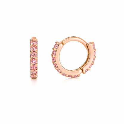 14K Gold Full Pavé Pink Sapphire XS Size (8mm) Huggie Hoop Earrings