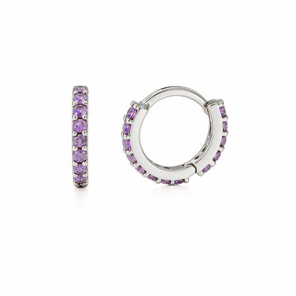 14K Gold Full Pavé Purple Sapphire XS Size (8mm) Huggie Hoop Earrings