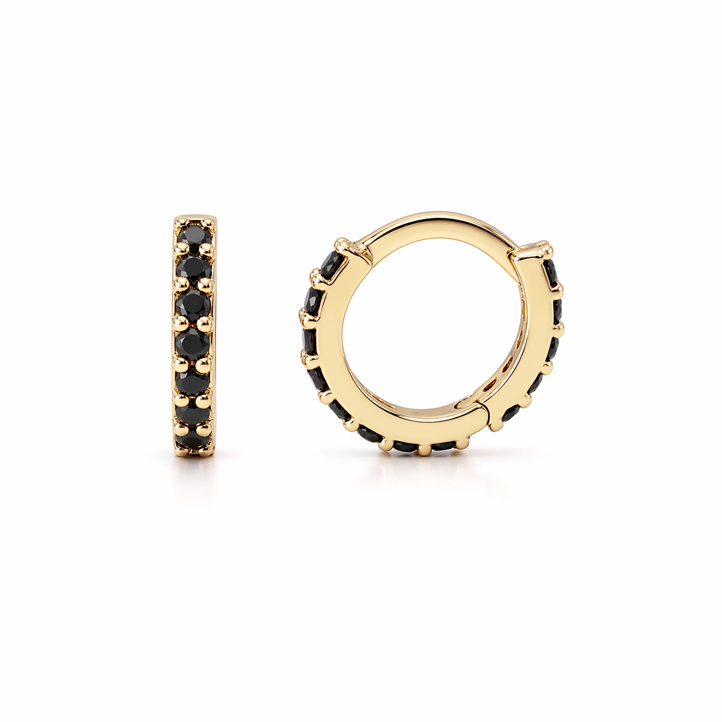 14K Gold Full Pavé Black Diamond XS Size (8mm) Huggie Hoop Earrings