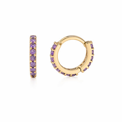14K Gold Full Pavé Purple Sapphire XS Size (8mm) Huggie Hoop Earrings