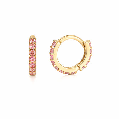 14K Gold Full Pavé Pink Sapphire XS Size (8mm) Huggie Hoop Earrings