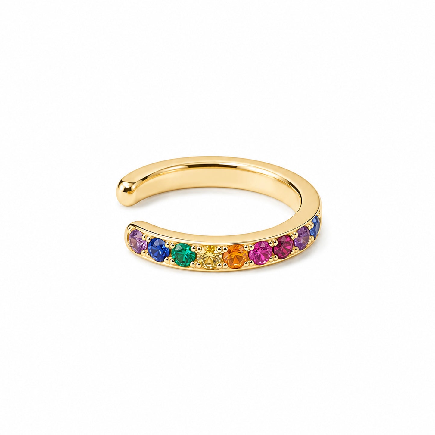14K Gold Full Pavé Rainbow Gemstone Round Hoop Ear Cuff