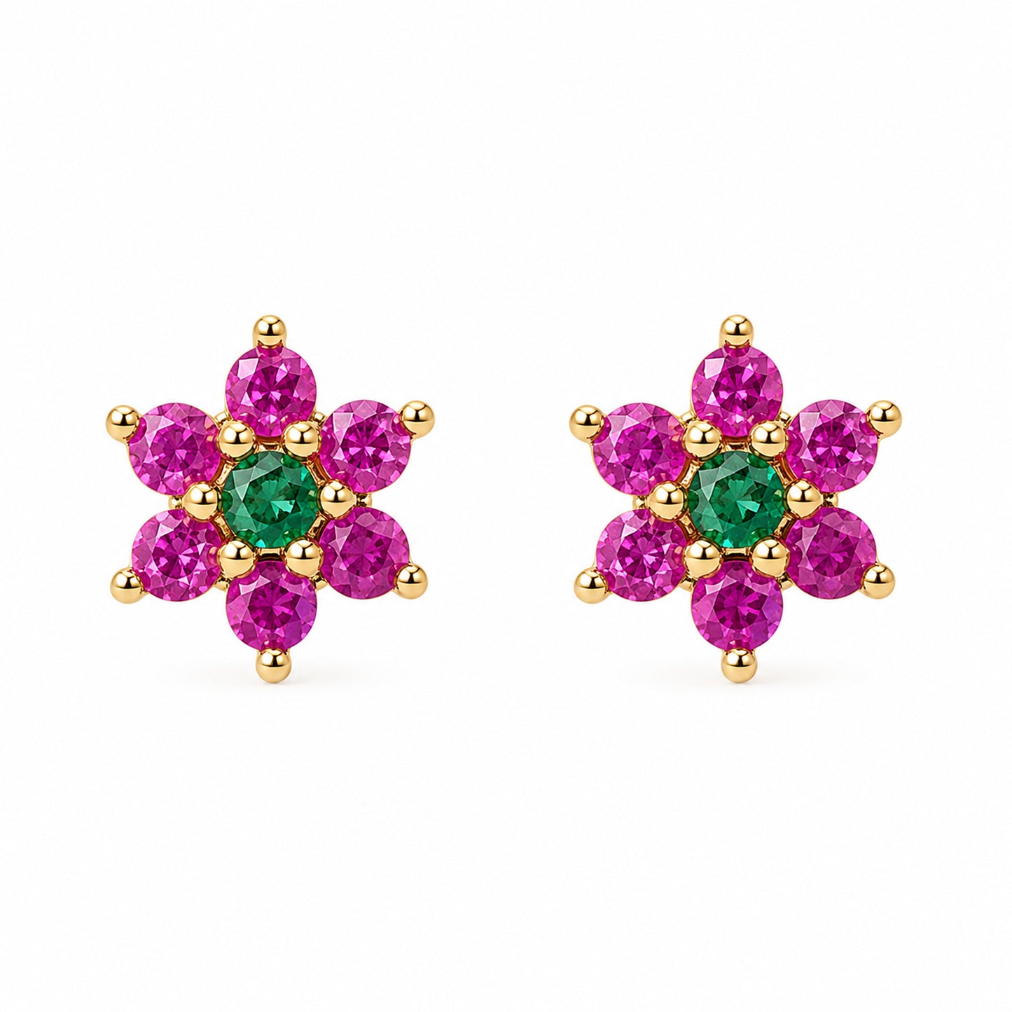 14K Gold Pink Sapphire & Emerald Rosebud Flower Stud Earrings