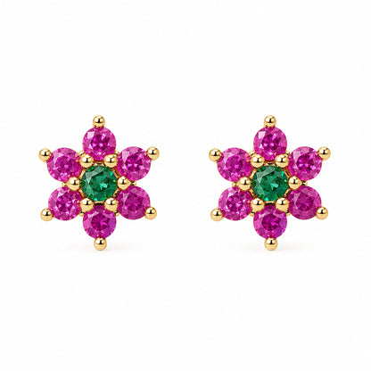 14K Gold Pink Sapphire & Emerald Rosebud Flower Stud Earrings