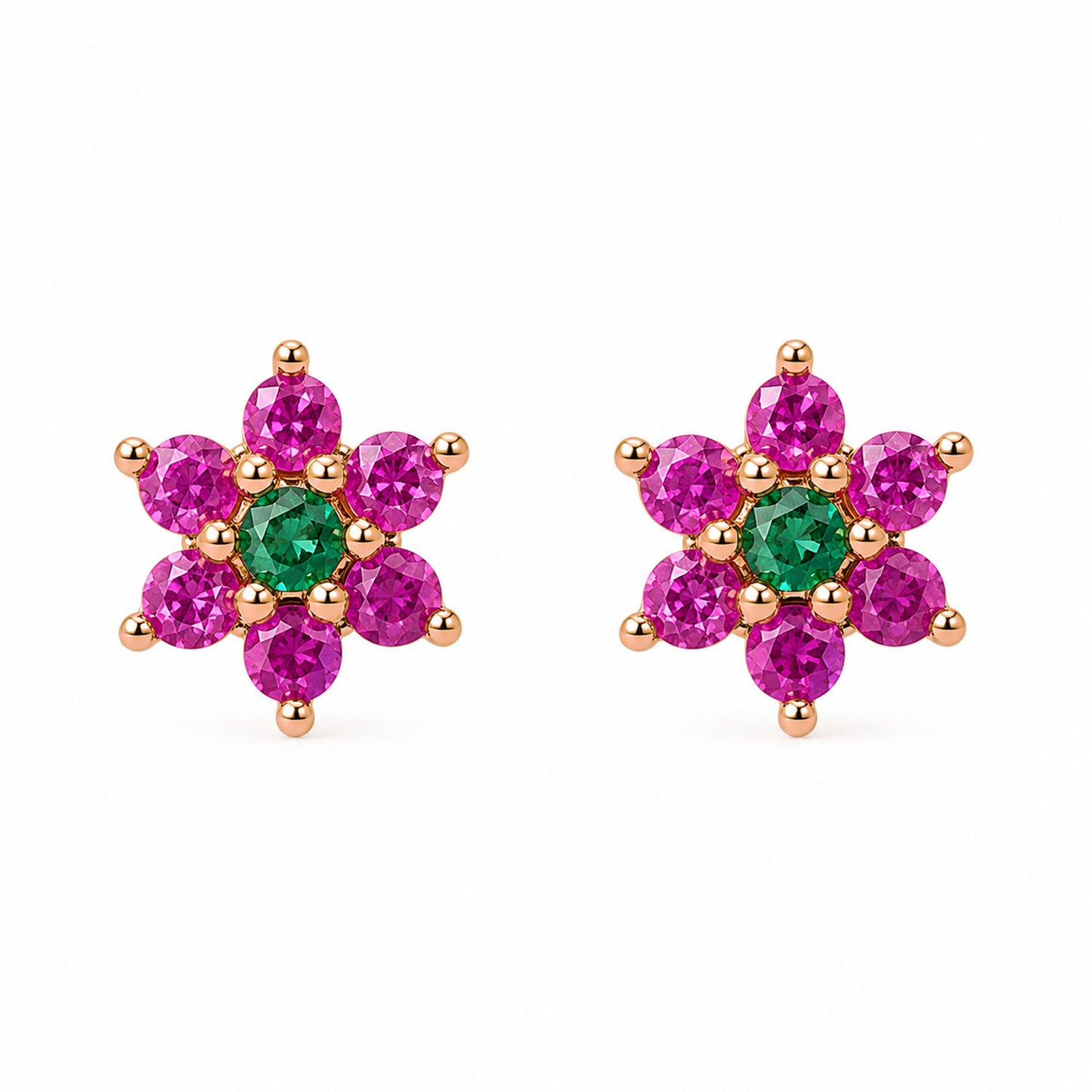 14K Gold Pink Sapphire & Emerald Rosebud Flower Stud Earrings