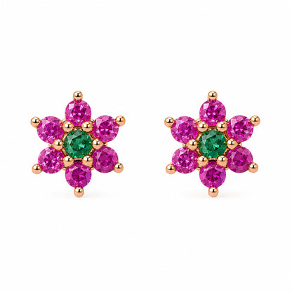 14K Gold Pink Sapphire & Emerald Rosebud Flower Stud Earrings