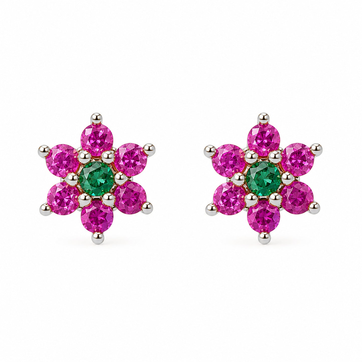 14K Gold Pink Sapphire & Emerald Rosebud Flower Stud Earrings