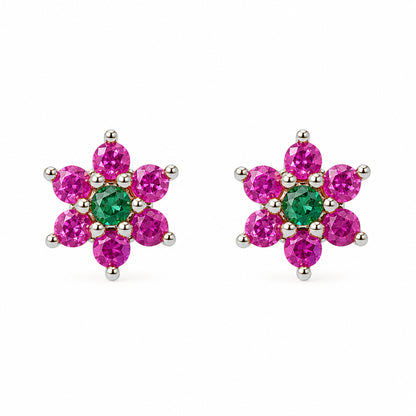 14K Gold Pink Sapphire & Emerald Rosebud Flower Stud Earrings