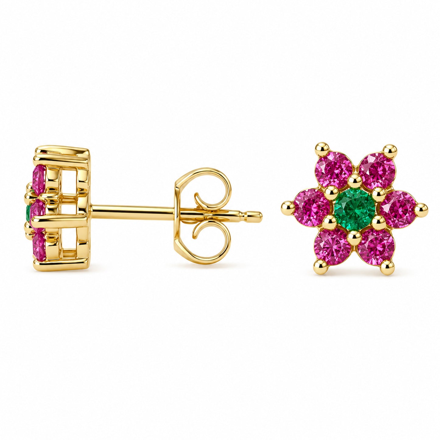 14K Gold Pink Sapphire & Emerald Rosebud Flower Stud Earrings