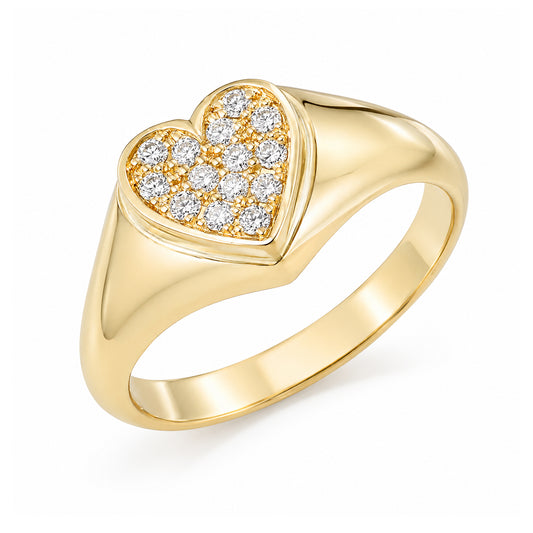 14K Gold Pavé Diamond Heart Signet Ring