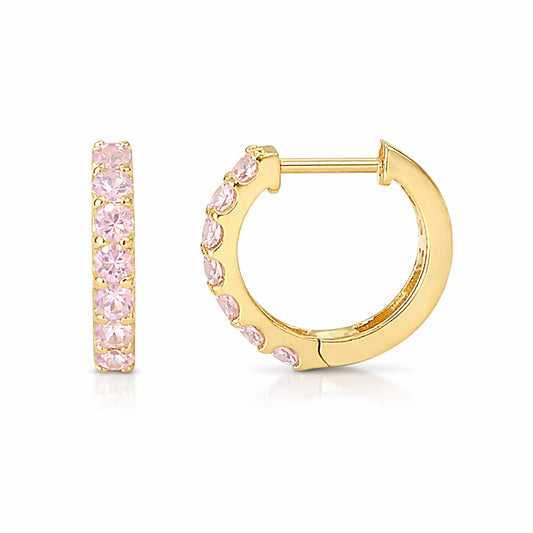 14K Gold Powder Pink Sapphire Thick Huggie Hoop Earrings (11.5mm x 8.25mm)