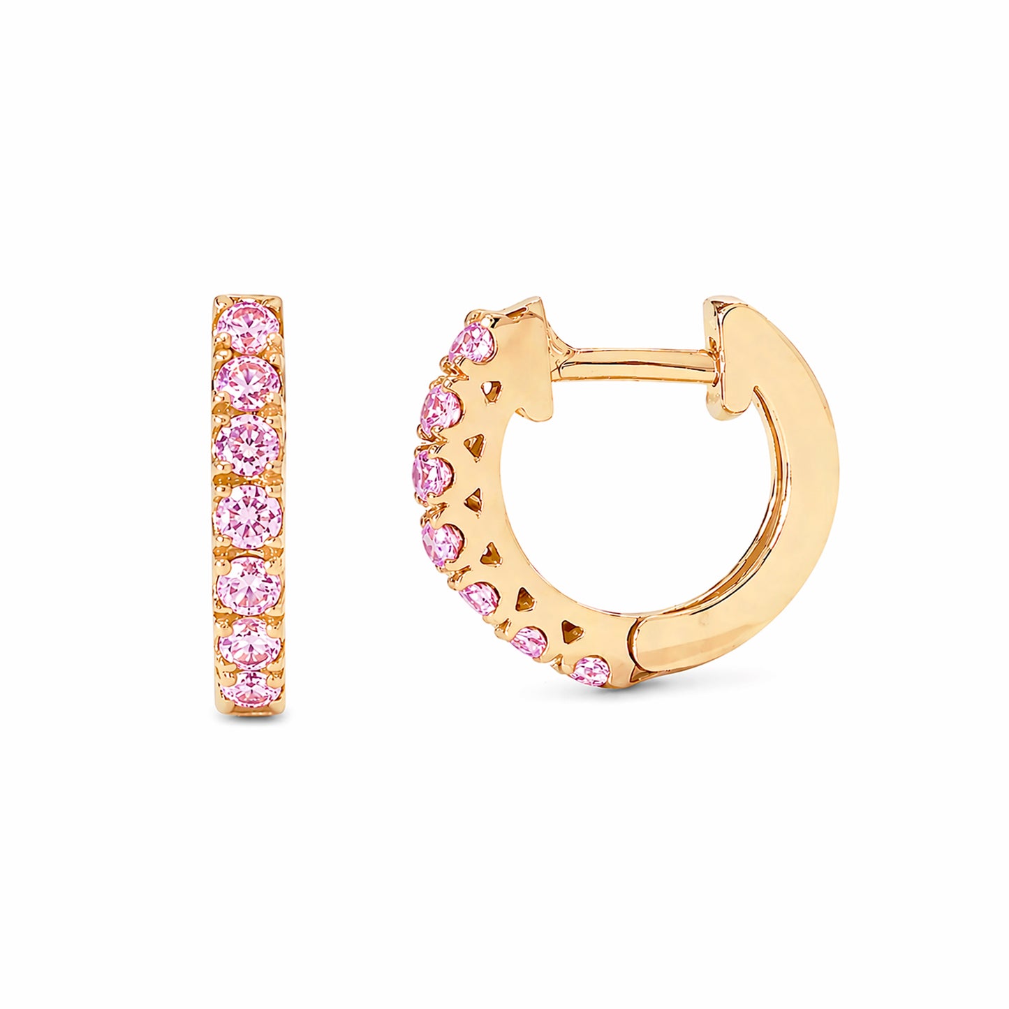 14K Gold Powder Pink Sapphire Thick Huggie Hoop Earrings (11mm x 6mm)