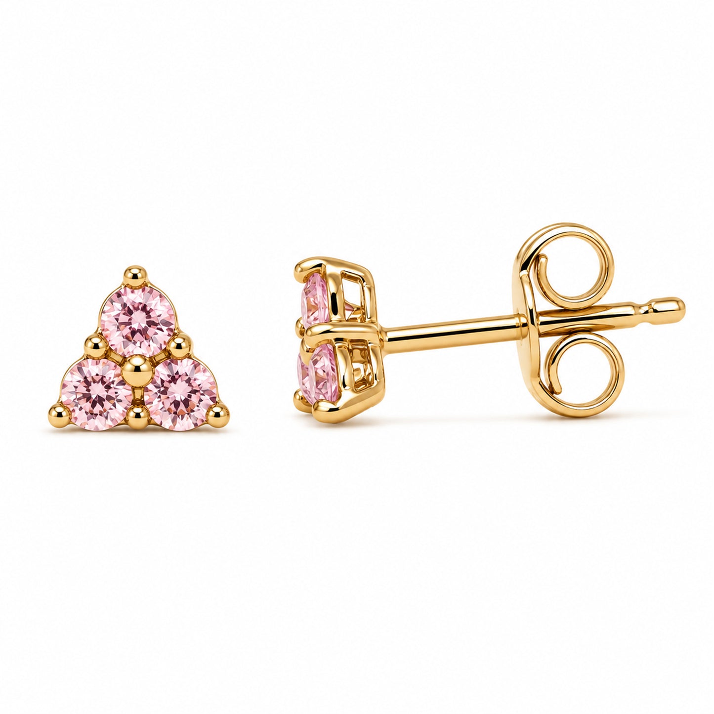14K Gold Triple Pink Sapphire Trinity Cluster Stud Earrings