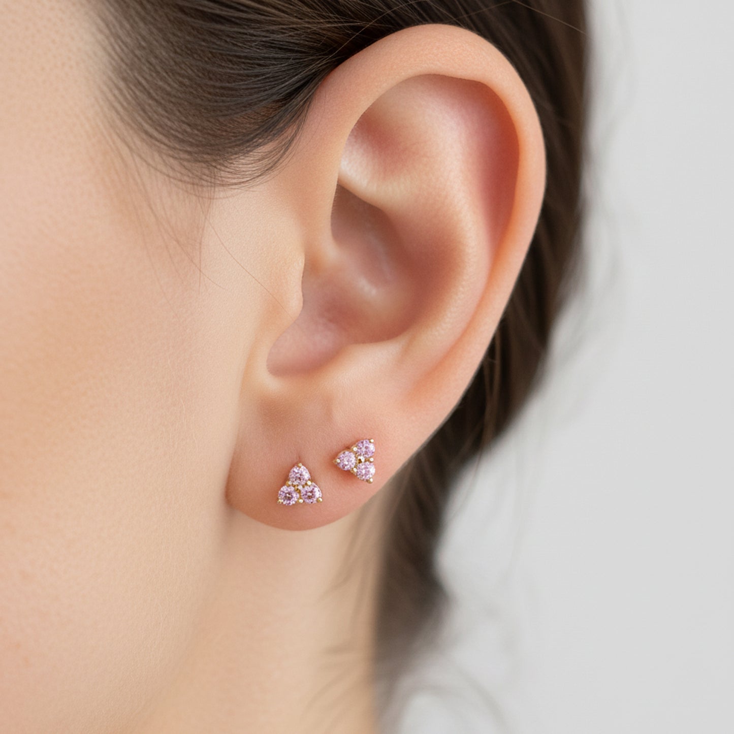 14K Gold Triple Pink Sapphire Trinity Cluster Stud Earrings