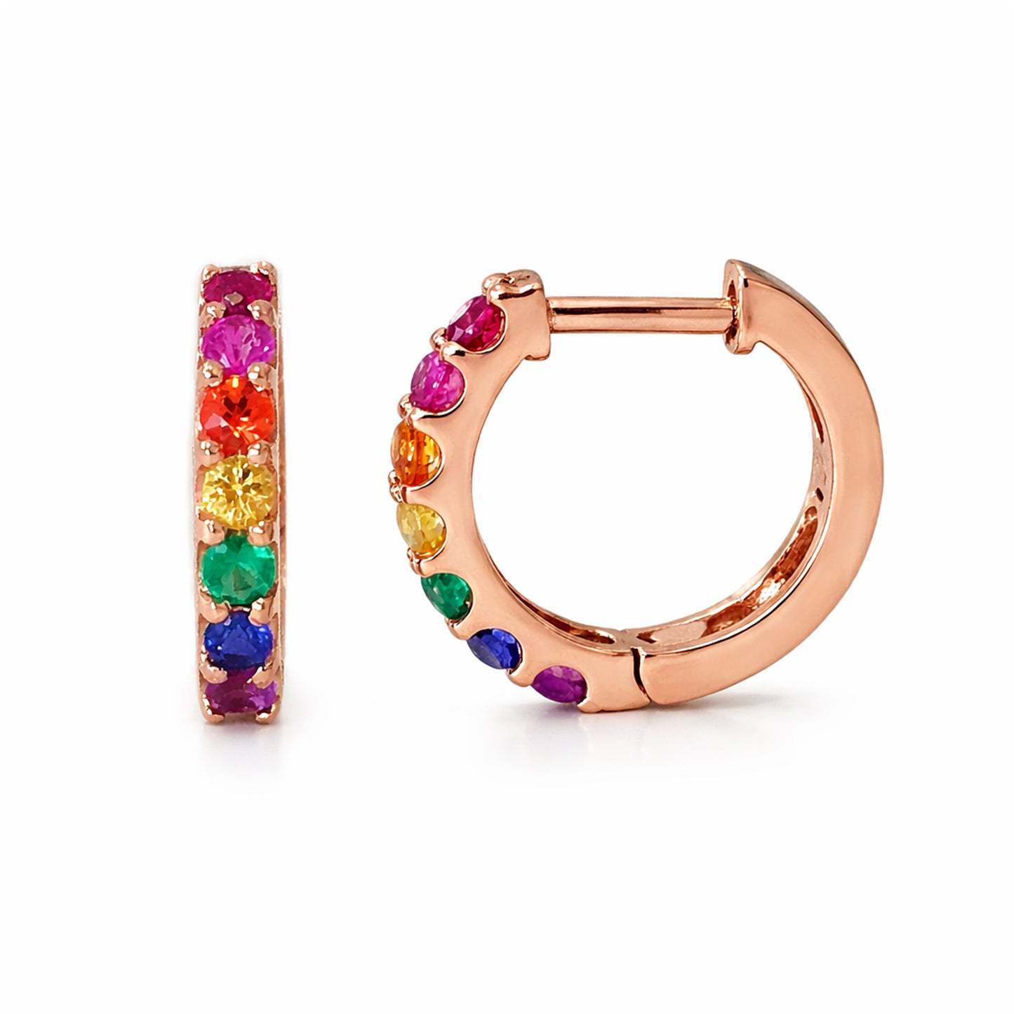 14K Gold Rainbow Gemstone Thick Huggie Hoop Earrings (11.5mm x 8.25mm)
