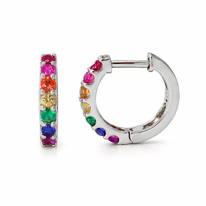 14K Gold Rainbow Gemstone Thick Huggie Hoop Earrings (11.5mm x 8.25mm)