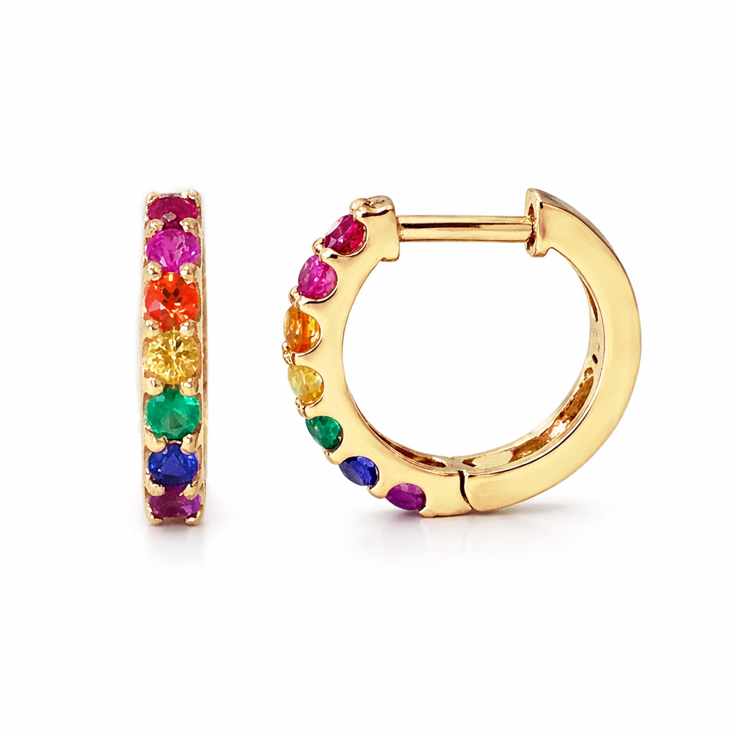 14K Gold Rainbow Gemstone Thick Huggie Hoop Earrings (11.5mm x 8.25mm)