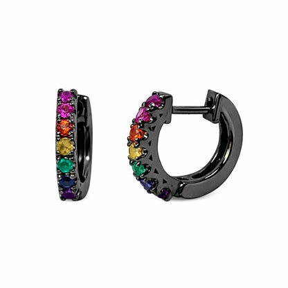 14K Gold Rainbow Gemstone Thick Huggie Hoop Earrings (11mm x 6mm)