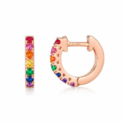 14K Gold Rainbow Gemstone Thick Huggie Hoop Earrings (11mm x 6mm)