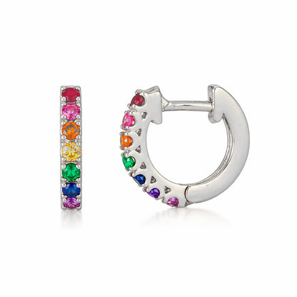 14K Gold Rainbow Gemstone Thick Huggie Hoop Earrings (11mm x 6mm)