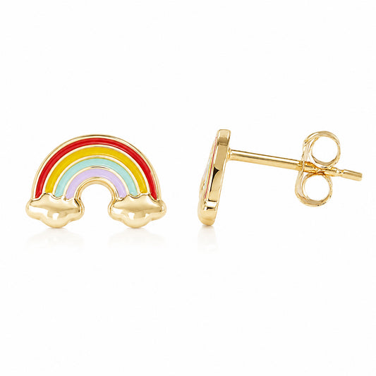 14K Gold Enamel Rainbow Cloud Stud Earrings