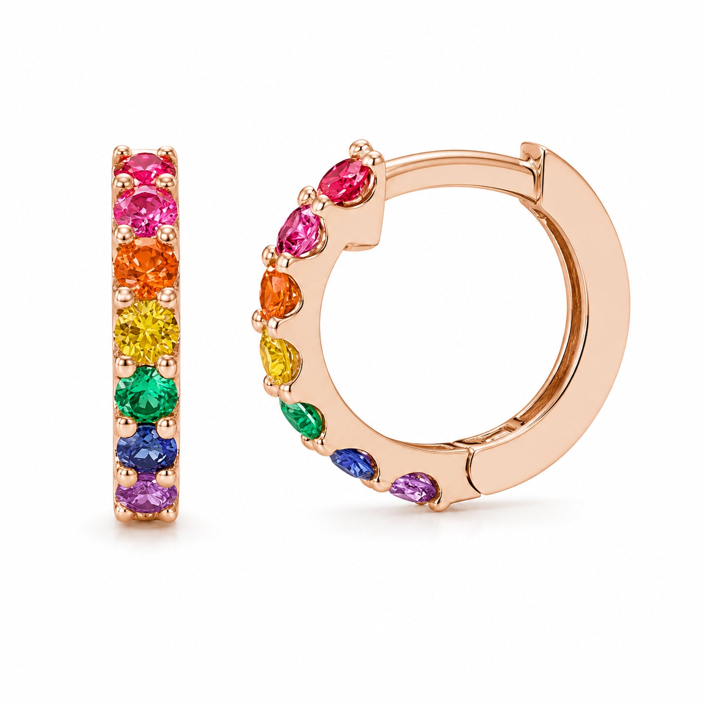 14K Gold Rainbow Gemstone Thick Huggie Hoop Earrings (13.75mm x 9.5mm)