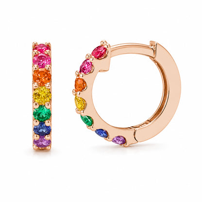 14K Gold Rainbow Gemstone Thick Huggie Hoop Earrings (13.75mm x 9.5mm)