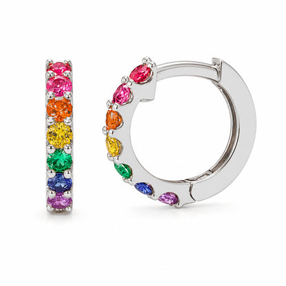 14K Gold Rainbow Gemstone Thick Huggie Hoop Earrings (13.75mm x 9.5mm)
