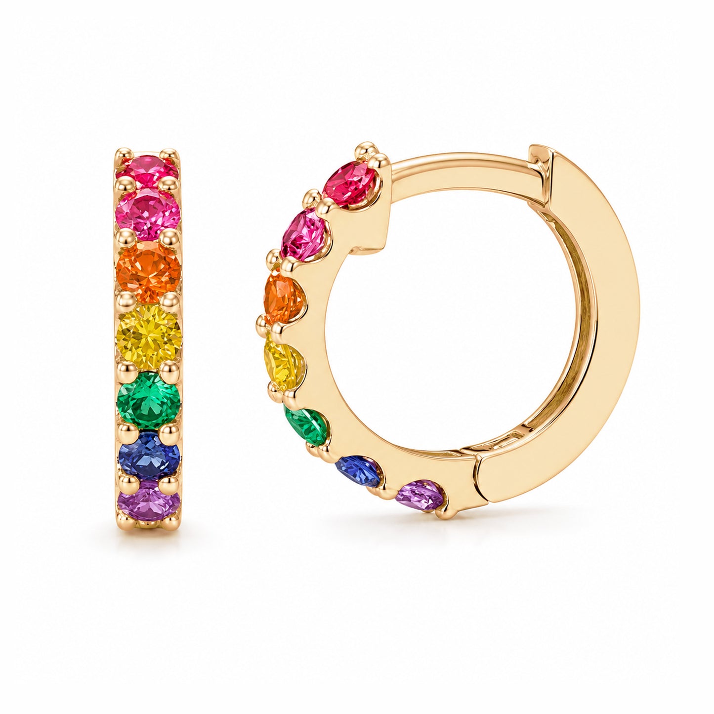 14K Gold Rainbow Gemstone Thick Huggie Hoop Earrings (13.75mm x 9.5mm)