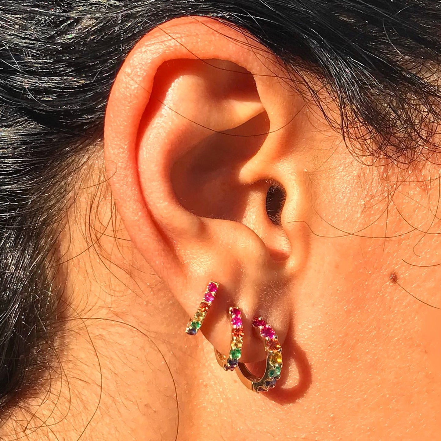 14K Gold Rainbow Gemstone Thick Huggie Hoop Earrings (13.75mm x 9.5mm)
